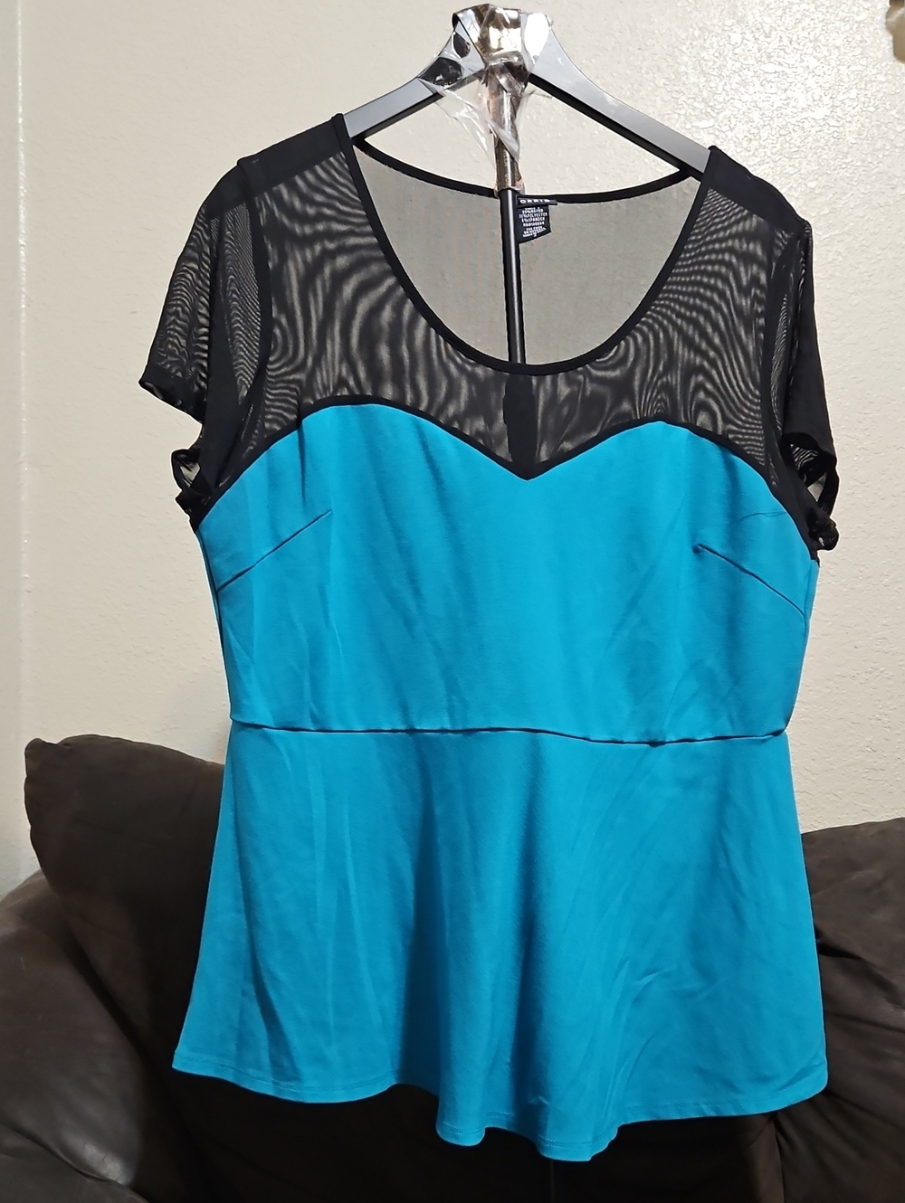 torrid Turquoise Peplum Top with Black Mesh Yoke